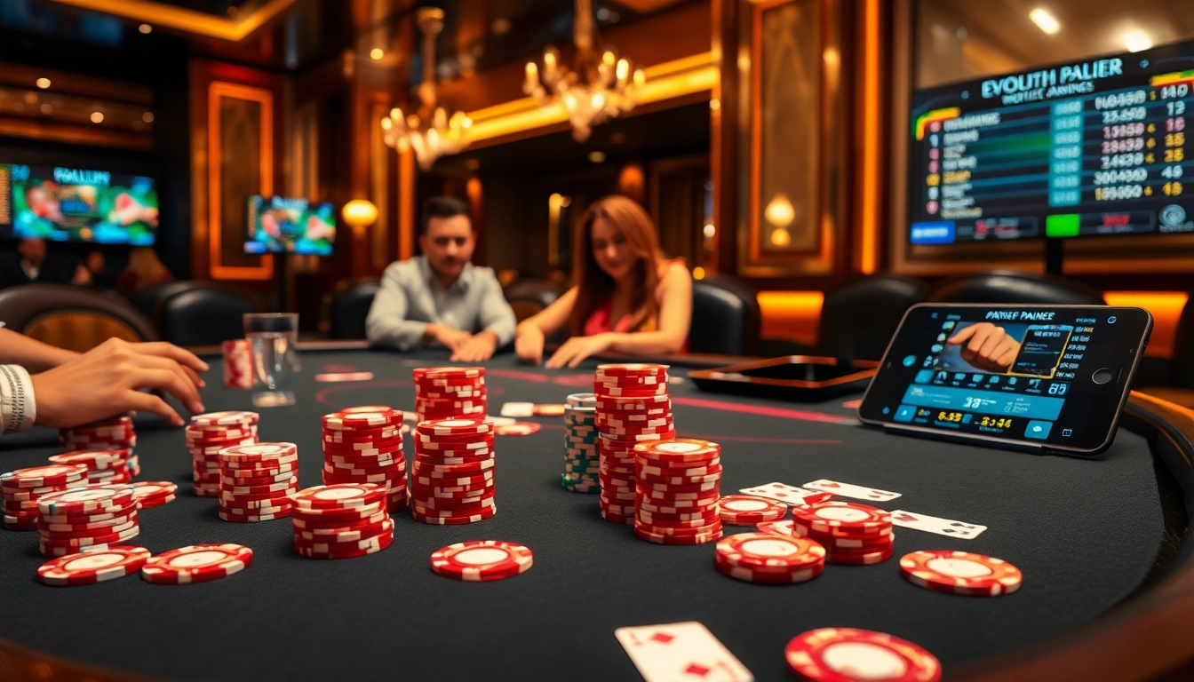 Play Evolution Poker มือถือ at an elegant casino table with chips and cards, showcasing thrilling gameplay.