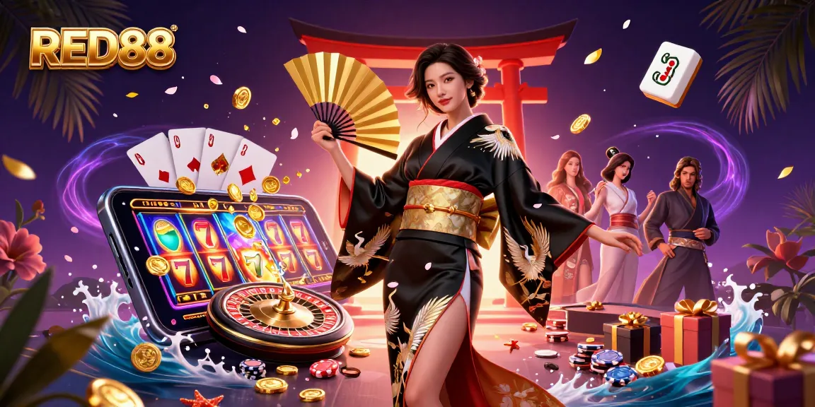 Play and win big with RED88 at a vibrant Asian-themed casino illustration full of dynamic gaming elements.