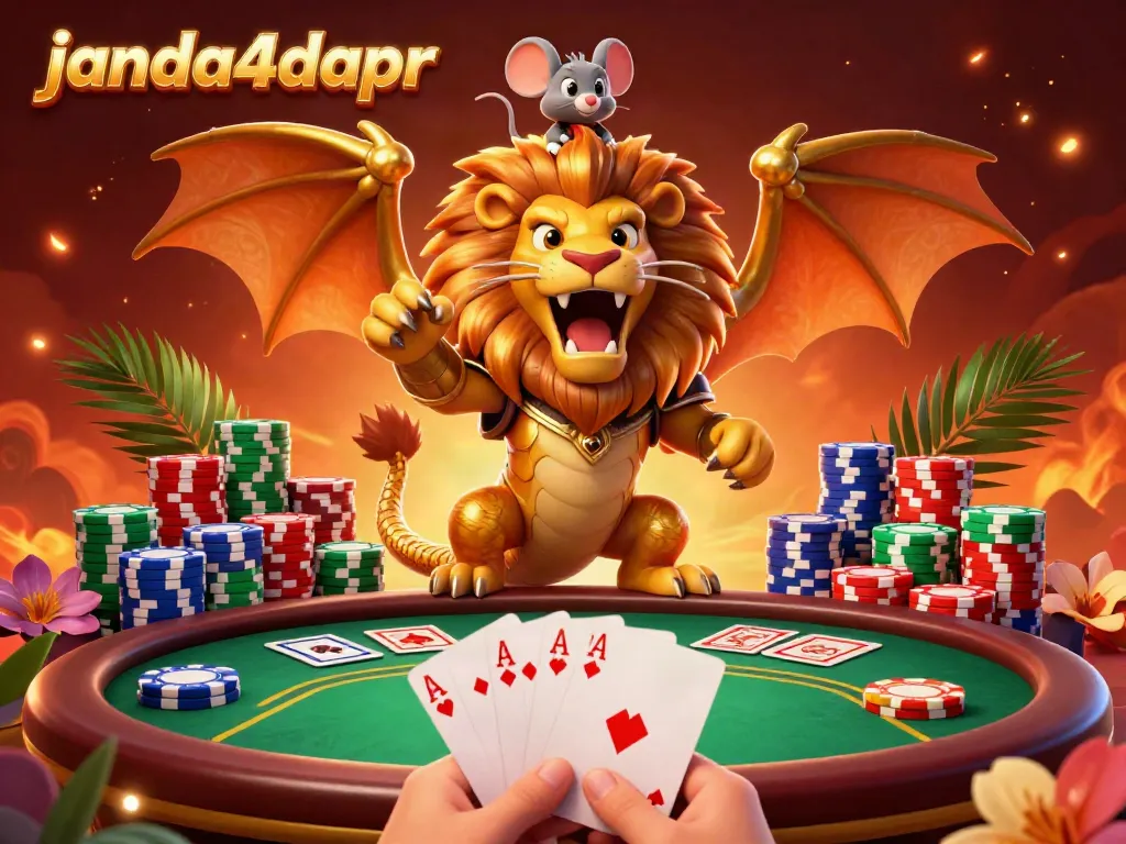 Gambaran 3D janda4dapr yang menampilkan makhluk kimera dan meja poker, penuh energi dan elemen kasino.
