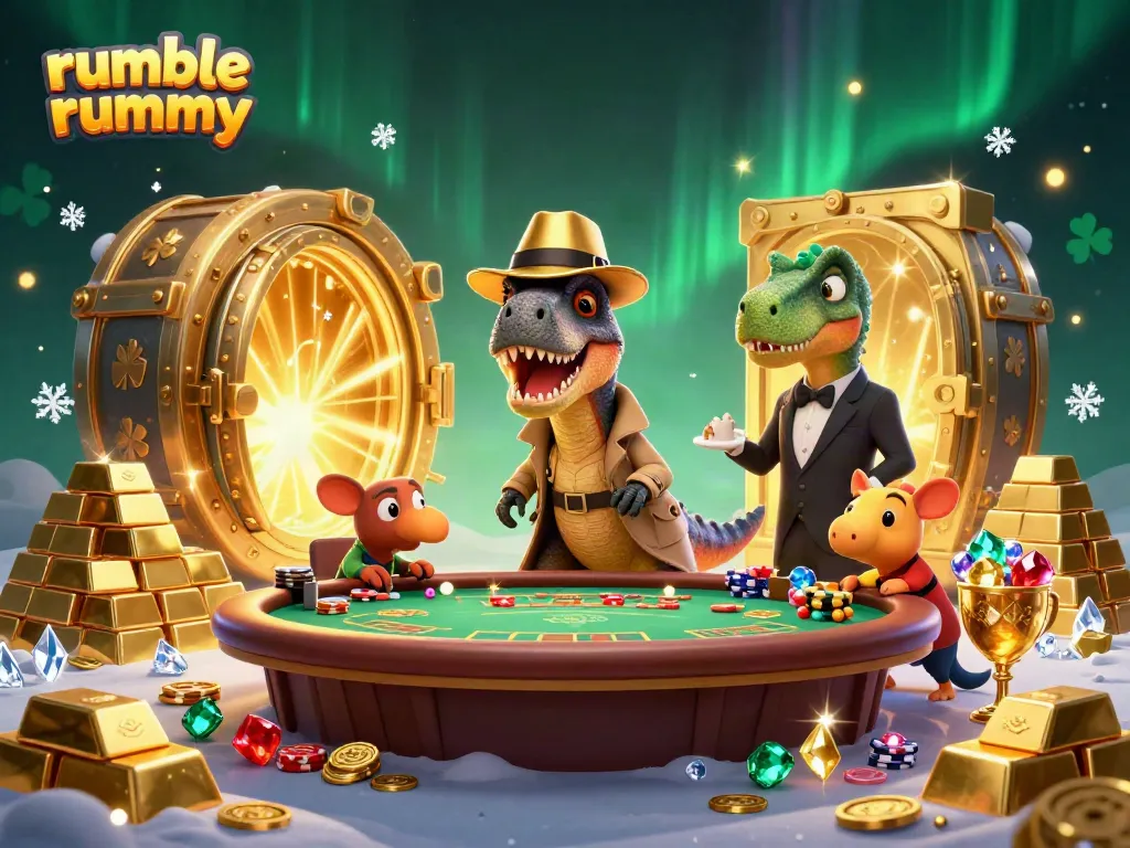 Experience excitement with rumble rummy as clever characters engage in thrilling gameplay at a vibrant casino table.