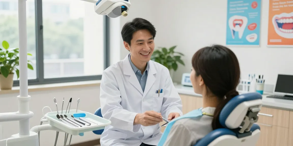 Dental clinic scene with a dentist and patient interaction, inviting atmosphere to view it now.