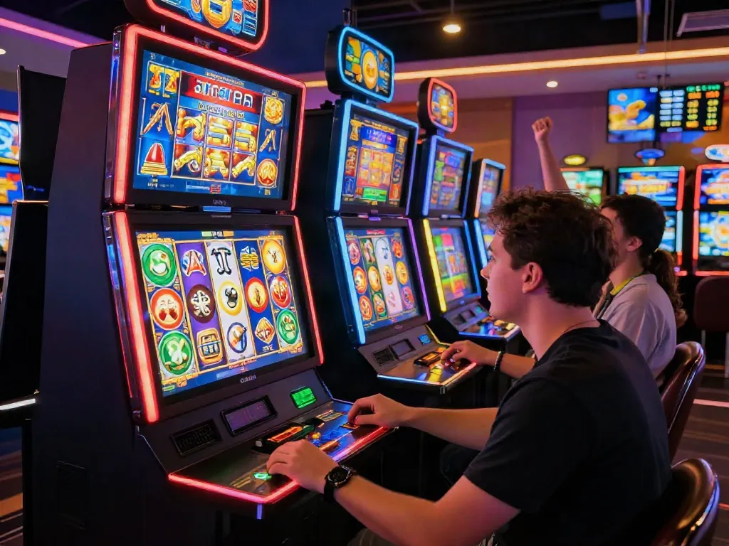 Exciting gameplay at a vibrant slot machine, showcasing the thrill of slot maxwin and glowing symbols.
