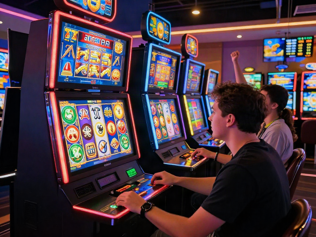 Exciting gameplay at a vibrant slot machine, showcasing the thrill of slot maxwin and glowing symbols.