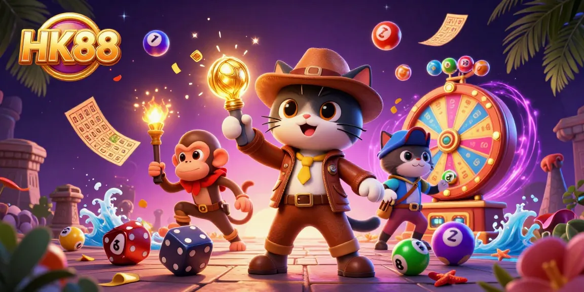 Engaging players at HK88 with golden casino artifacts and colorful lottery balls in a vibrant scene.