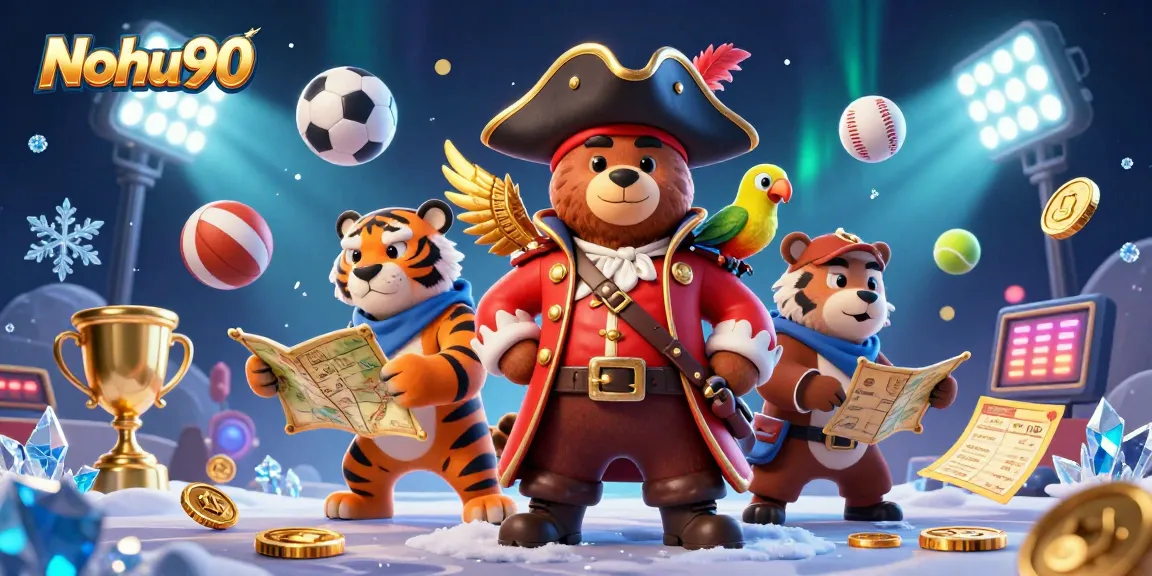 Nohu90 feature a dynamic scene with a pirate bear captain, tiger first mate, and golden parrot amidst soaring sports balls.