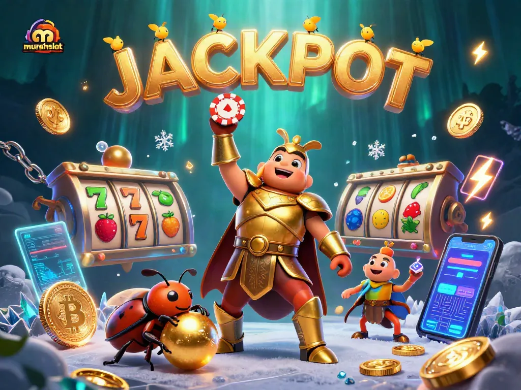 Pesan jackpot di murahslot dengan serangga pejuang berperisai dan simbol slot keberuntungan.