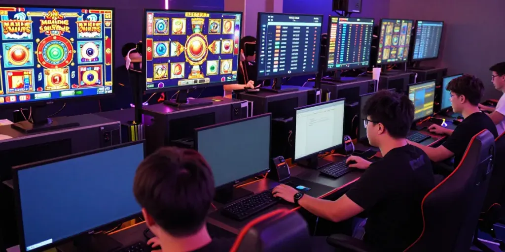 Bro138 gaming hub with players enjoying slot games in an immersive digital environment.