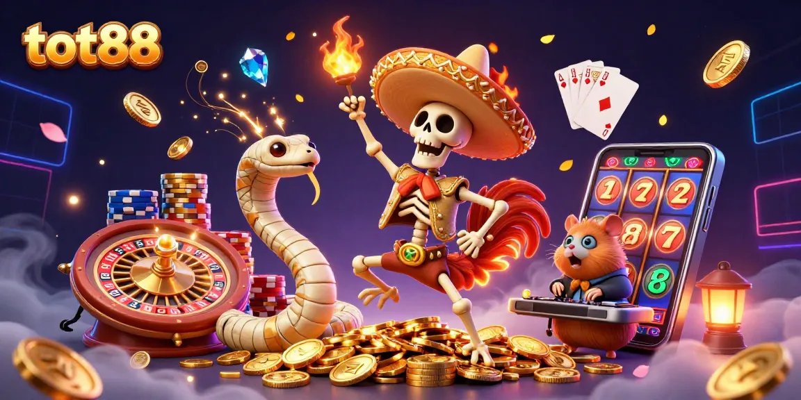 Engaging tot88 casino illustration with animated characters celebrating around golden coins and gaming elements.