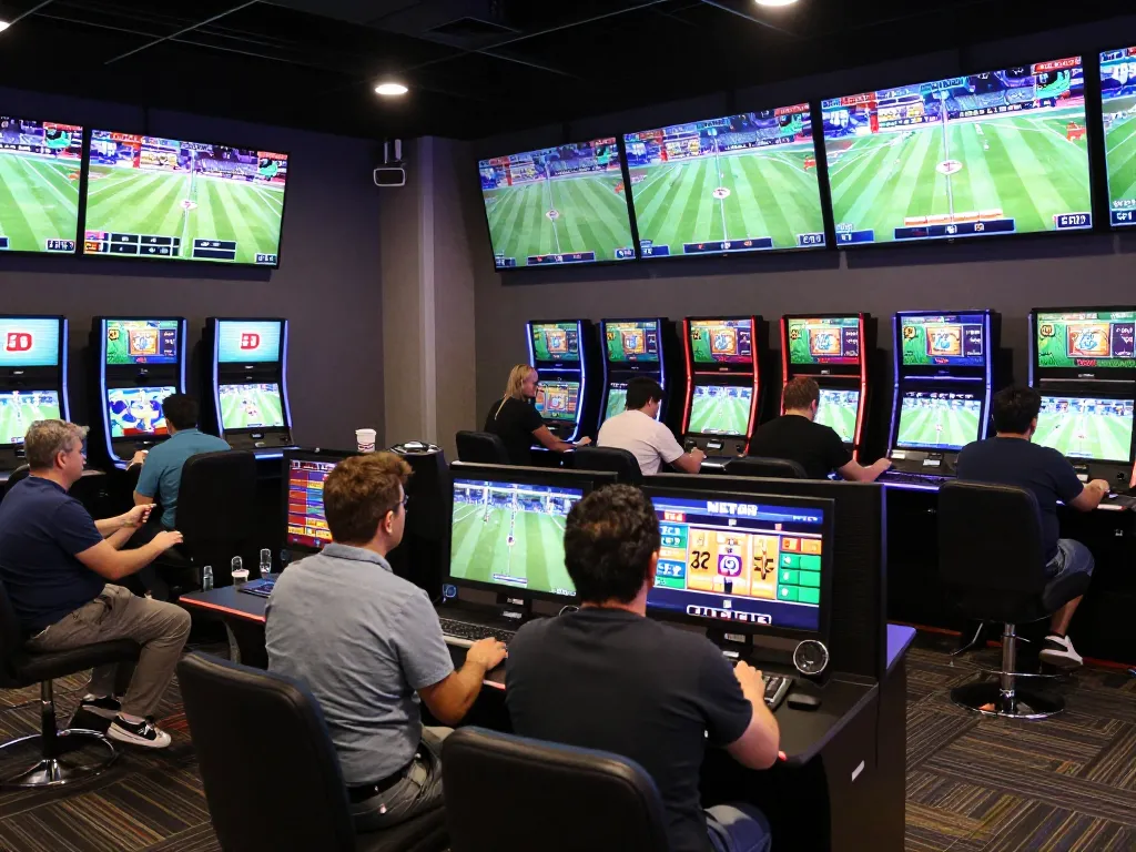 Engaged bettors placing wagers at NET88’s busy sports betting area, showcasing excitement and competitive atmosphere.