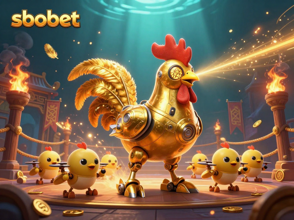 Experience sbobet betting action with dynamic robot and drones in a vibrant arena full of golden coins.