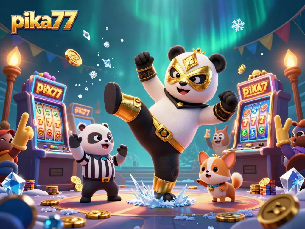 Engage in thrilling action with pika77 as the panda wrestler kicks in a vibrant casino setting.