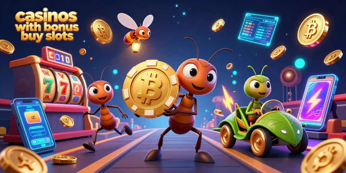 Engage with casinos with bonus buy slots featuring cartoon ants on a heist, surrounded by vibrant gambling elements.