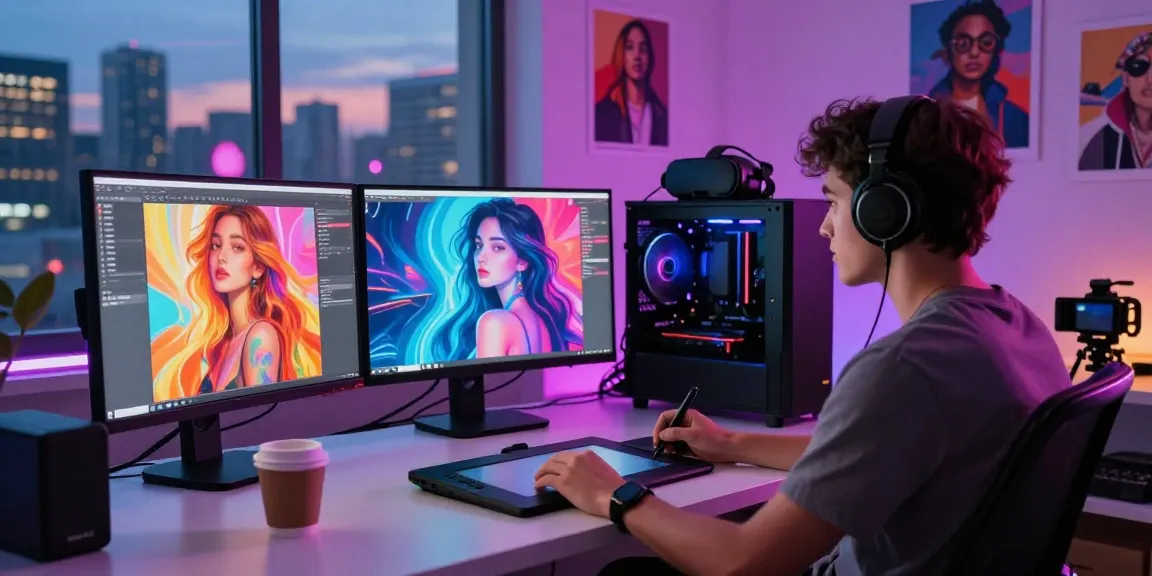 AI nsfw artist working in a modern digital studio, creating vibrant adult-themed artworks.