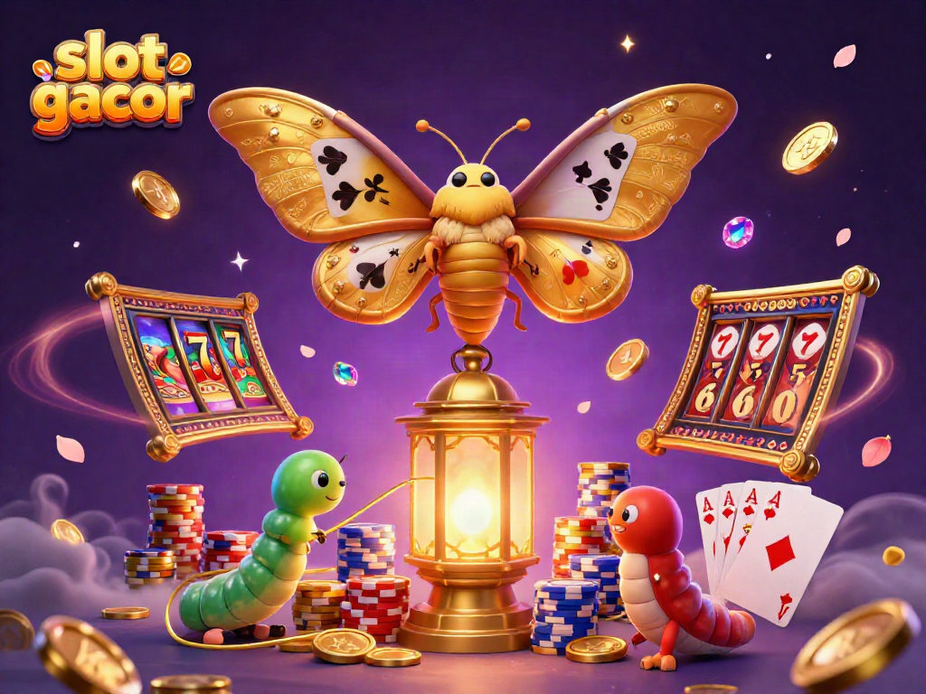 Visualisasi slot gacor dengan kupu-kupu 3D dan elemen kasino yang kaya, menampilkan slot dan koin emas.
