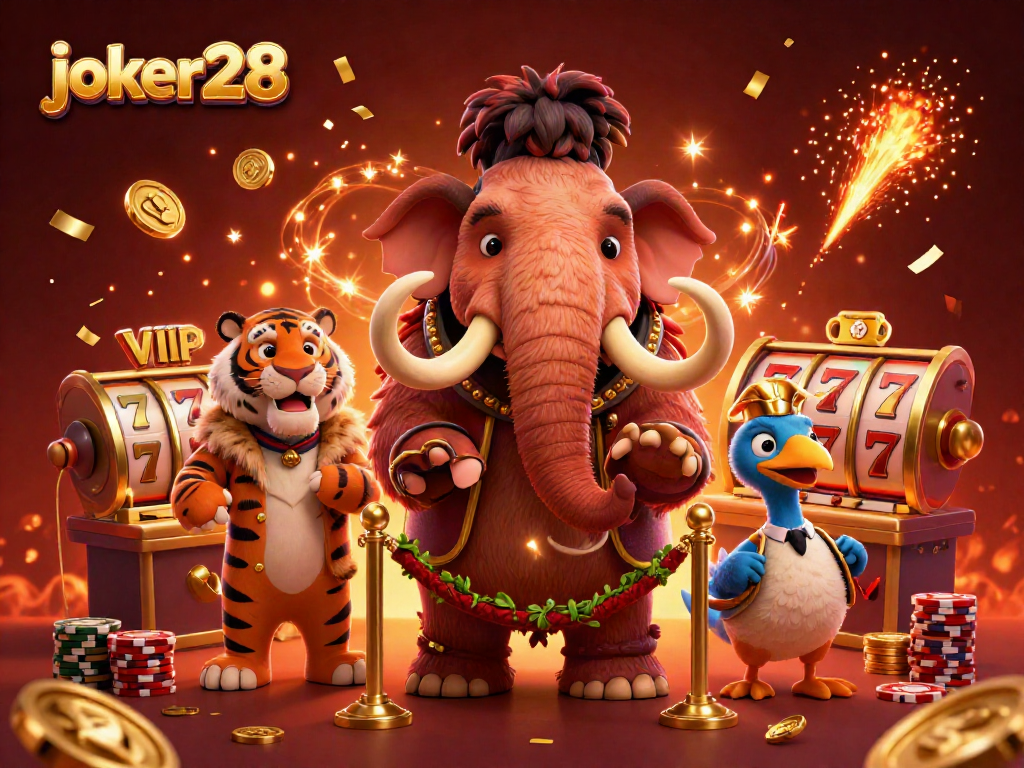 Experience excitement with joker28 featuring a cartoon woolly mammoth bouncer and VIP guests at a casino.