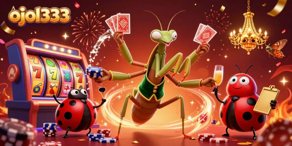 Engage in thrilling gaming experiences with ojol333's giant mantis dealer amidst vibrant casino elements like slot reels.