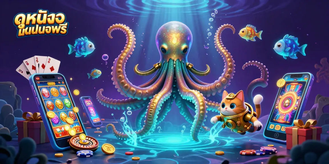Spin the reels and win with ดูหนังออนไลน์ฟรี, featuring a kraken and diving cat in a vibrant casino scene.