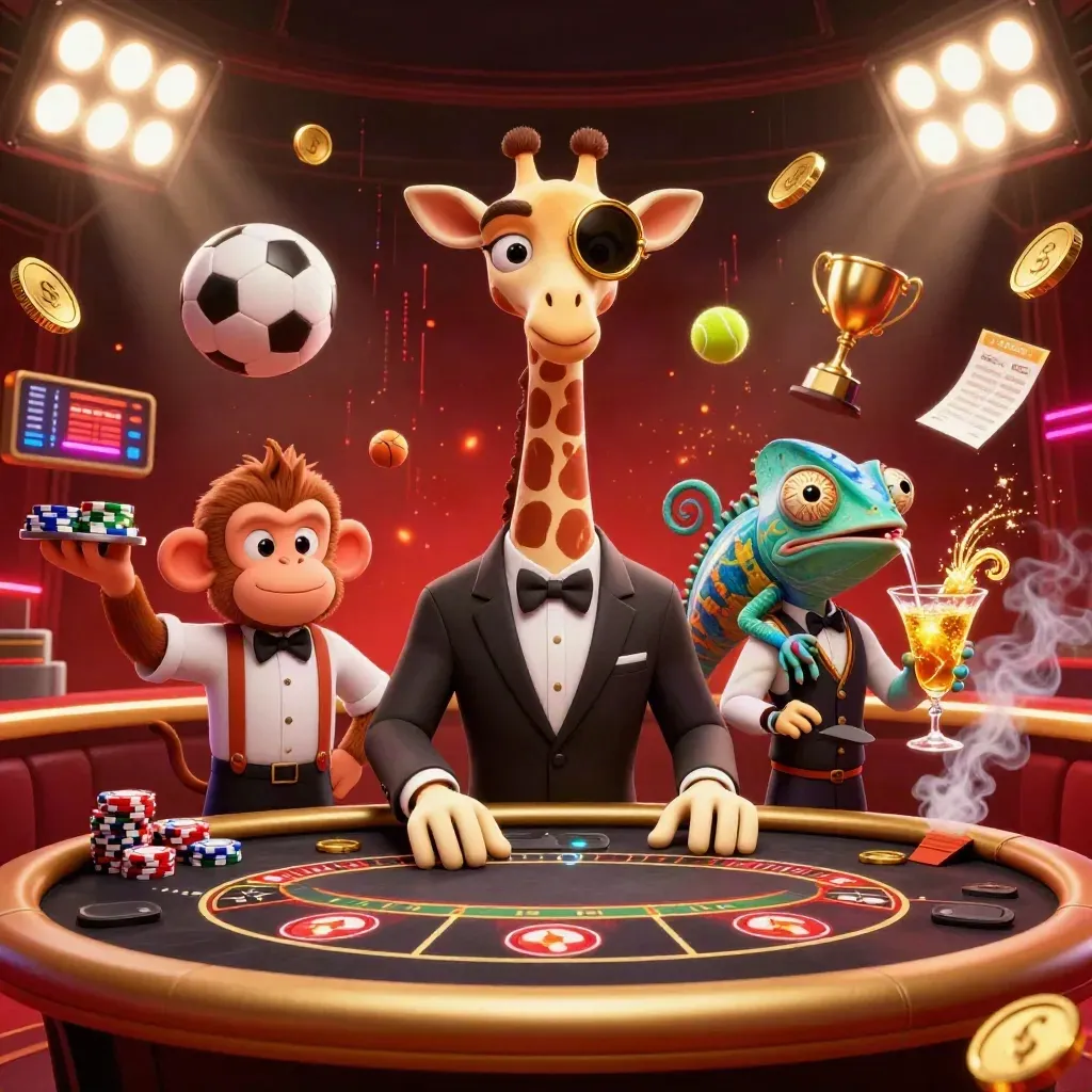 Giraffe, monkey, and chameleon in a glowing casino scene with flying sports balls and gold coins.
