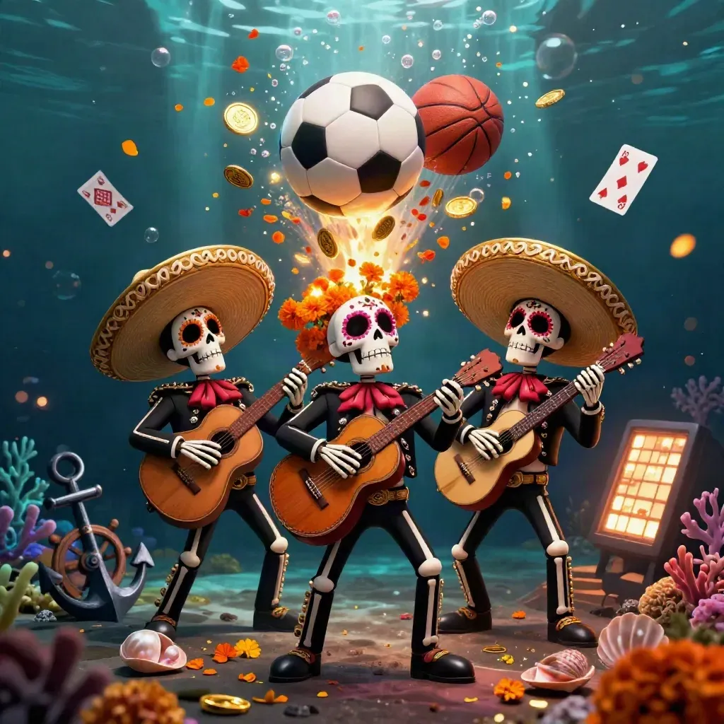 Day-of-the-Dead skeleton mariachi trio amid gold coins, coral, balls, and bubbles underwater.
