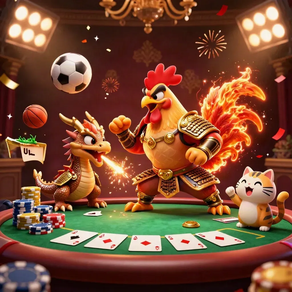 Armoured rooster, dragon hatchling and fortune-cat amid casino chaos, chips, balls and gold sparks.