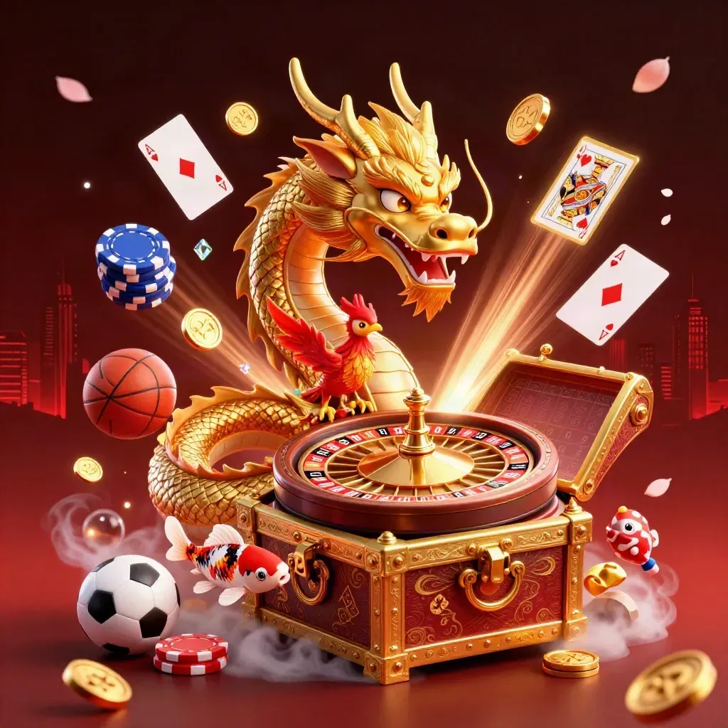 Golden dragon, phoenix, koi, roulette wheel, chips, balls and coins explode in a luxe crimson-black scene.