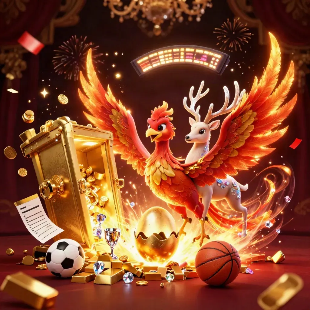 Phoenix, stag, and vault burst with casino energy as balls, gems, and gold fly on burgundy black.