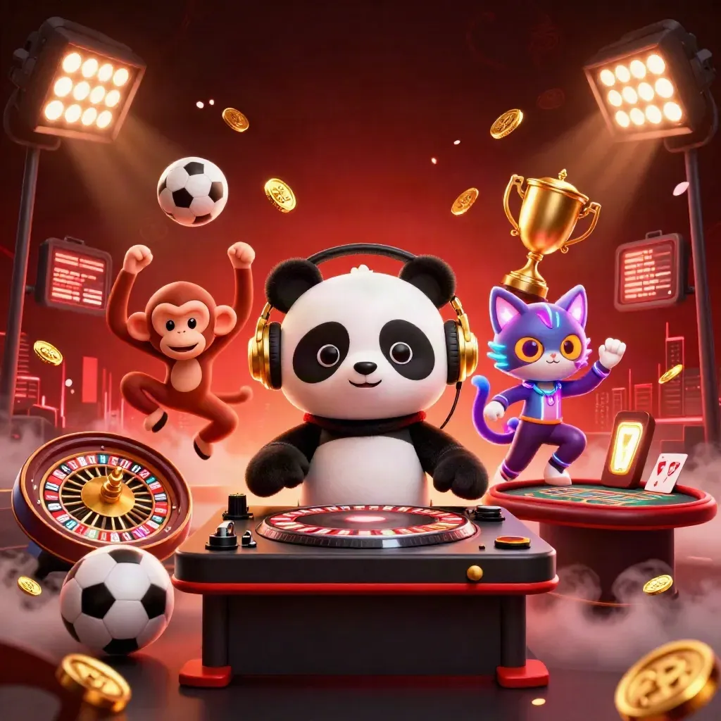 DJ panda, dancing monkey, and glow-stick kitten in a luxe casino scene with roulette props.