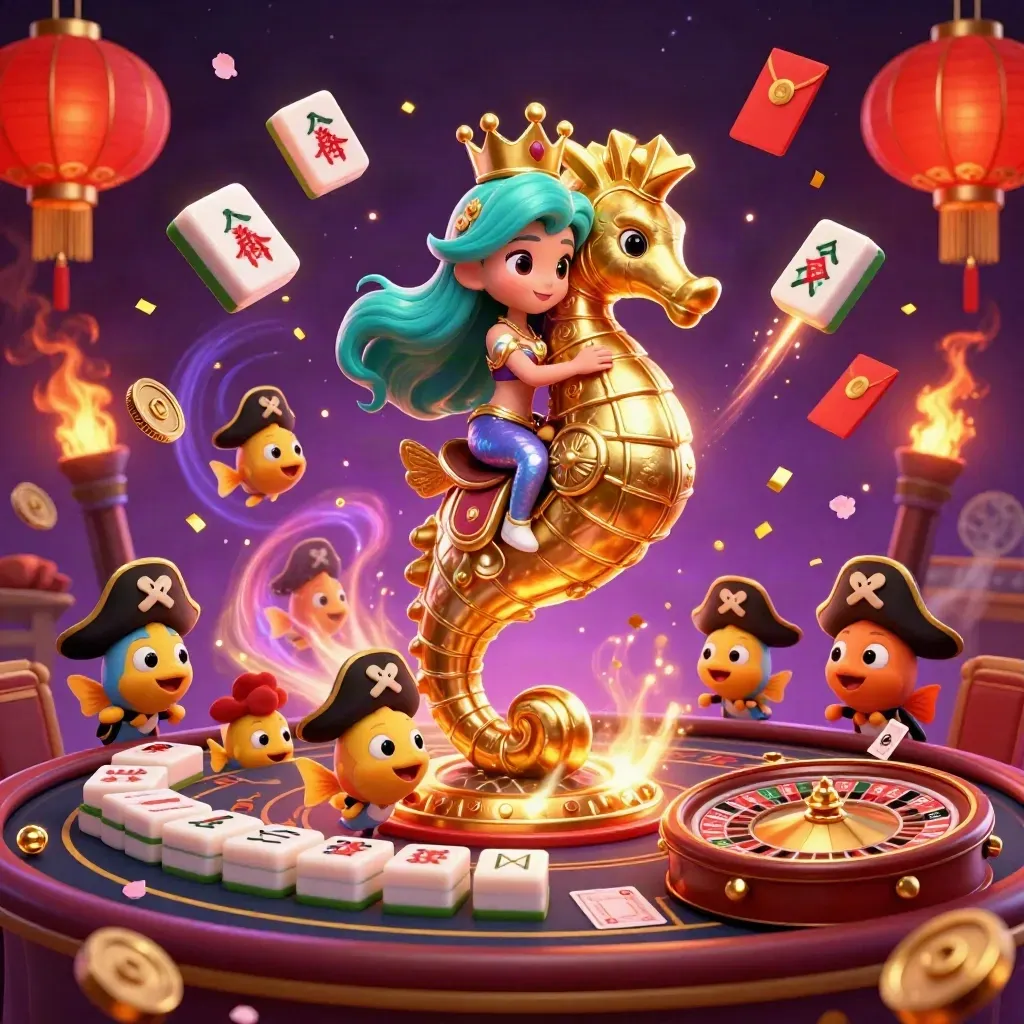 Mermaid princess on armored seahorse amid casino magic, lanterns, coins, roulette, and starry smoke.