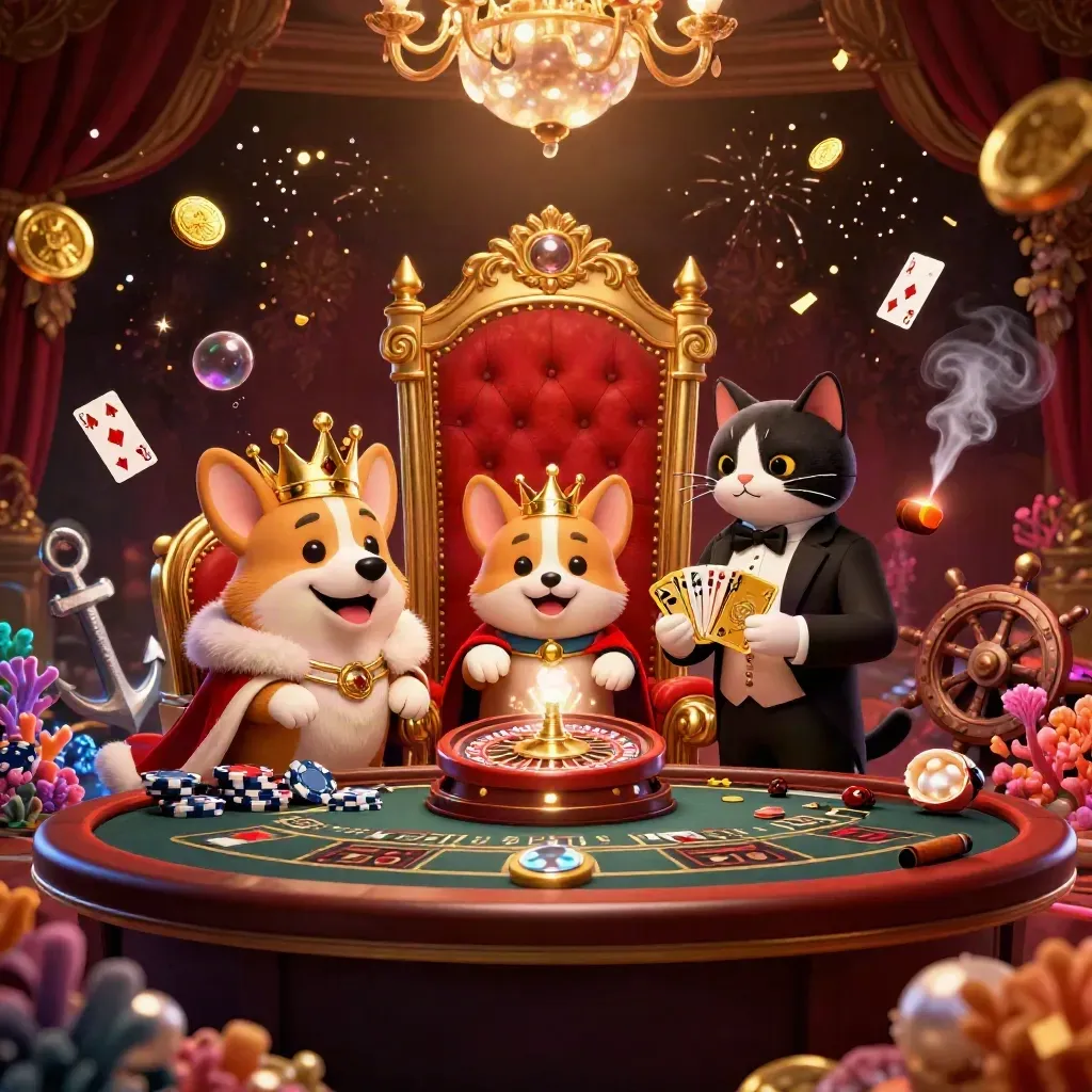 Royal corgi and cat butler in a golden casino fantasy with roulette, treasure, confetti, and chandeliers