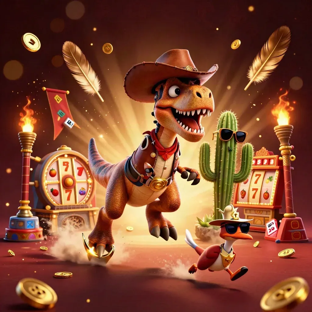 Cowboy T-Rex, cactus sidekick, and sheriff roadrunner explode with gold in a luxe casino scene.