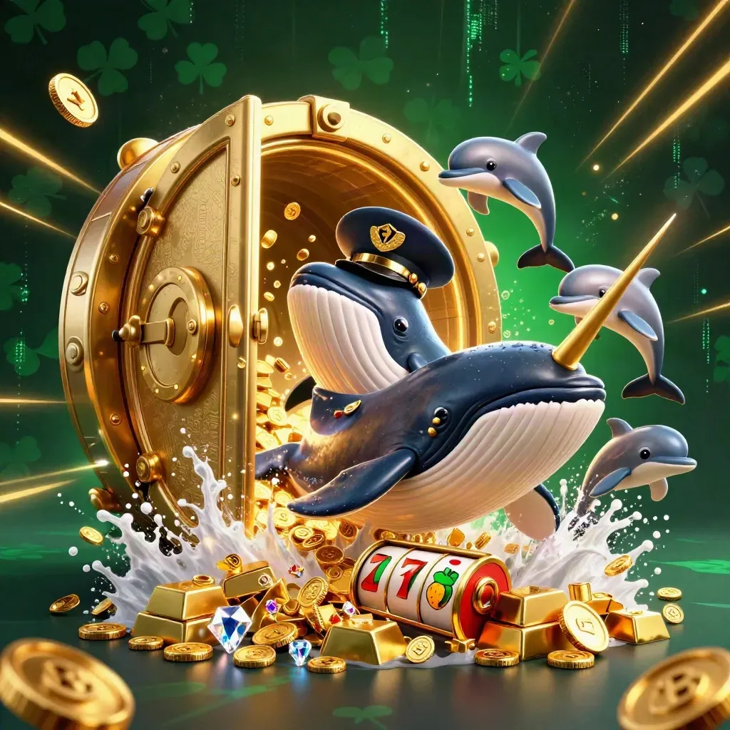 Whale captain, narwhal, and dolphins burst from coins around a glowing treasure vault