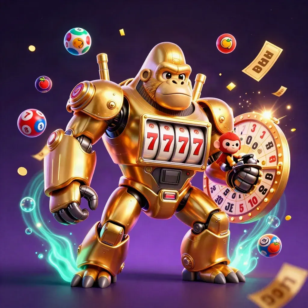 Golden gorilla mech with monkey pilot, jackpot effects, lottery balls, bingo card, and glowing casino energy.