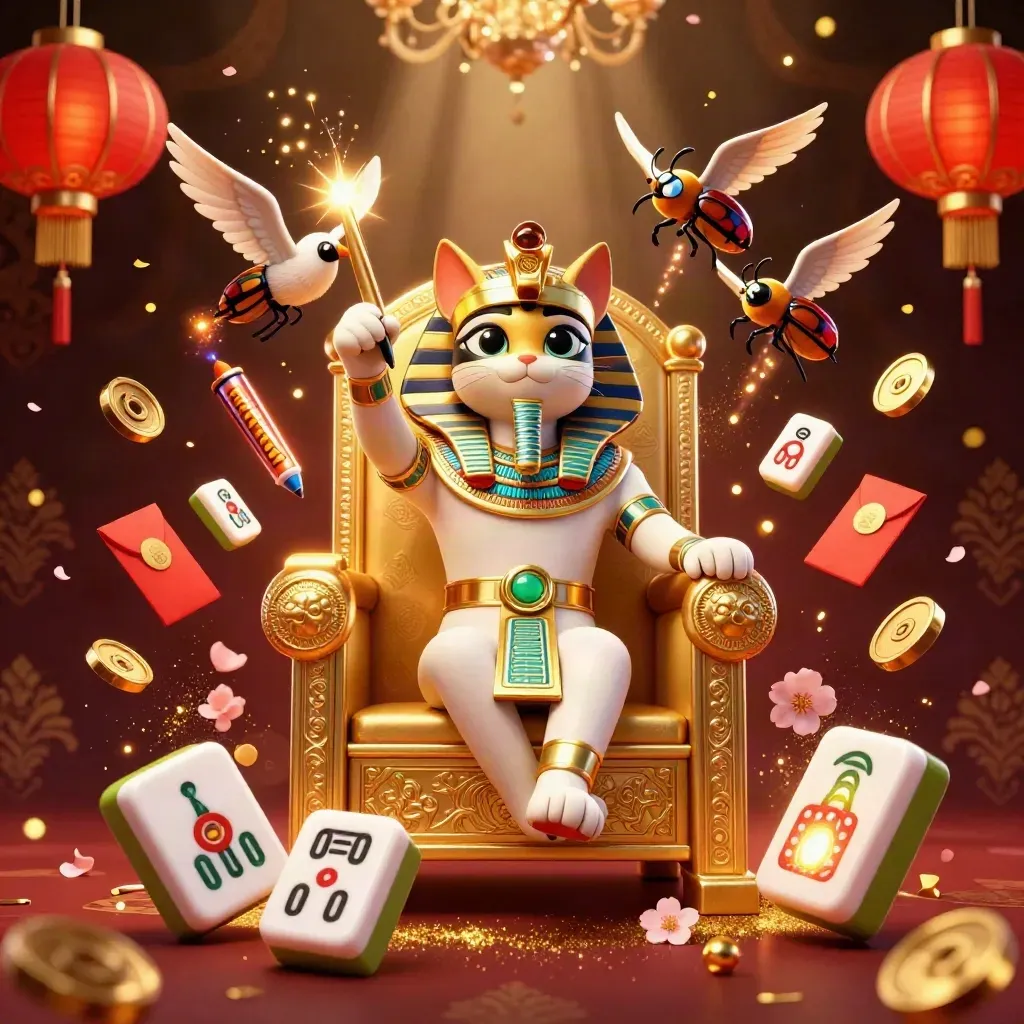 Pharaoh cat on golden throne with ibis scribe, scarabs, lanterns, coins, and jewel bursts.