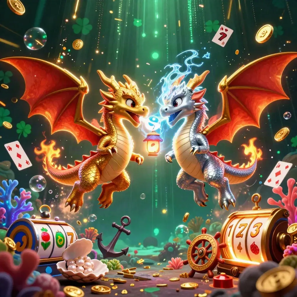 Twin gold and silver dragons swirl around a lantern spirit in a jewel-splashed casino cavern.