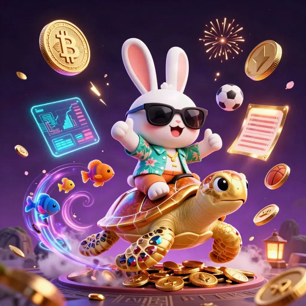 Lucky rabbit on gem-shell sea turtle amid vault burst, gold coins, crypto glow, fireworks