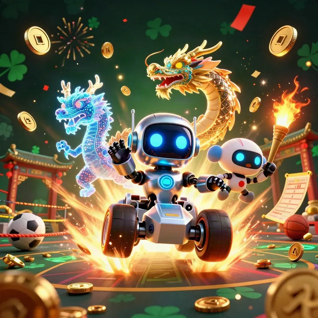 Cyberpunk robot, holographic dragon, and coin drone amid gold coins, fireworks, and casino relics.