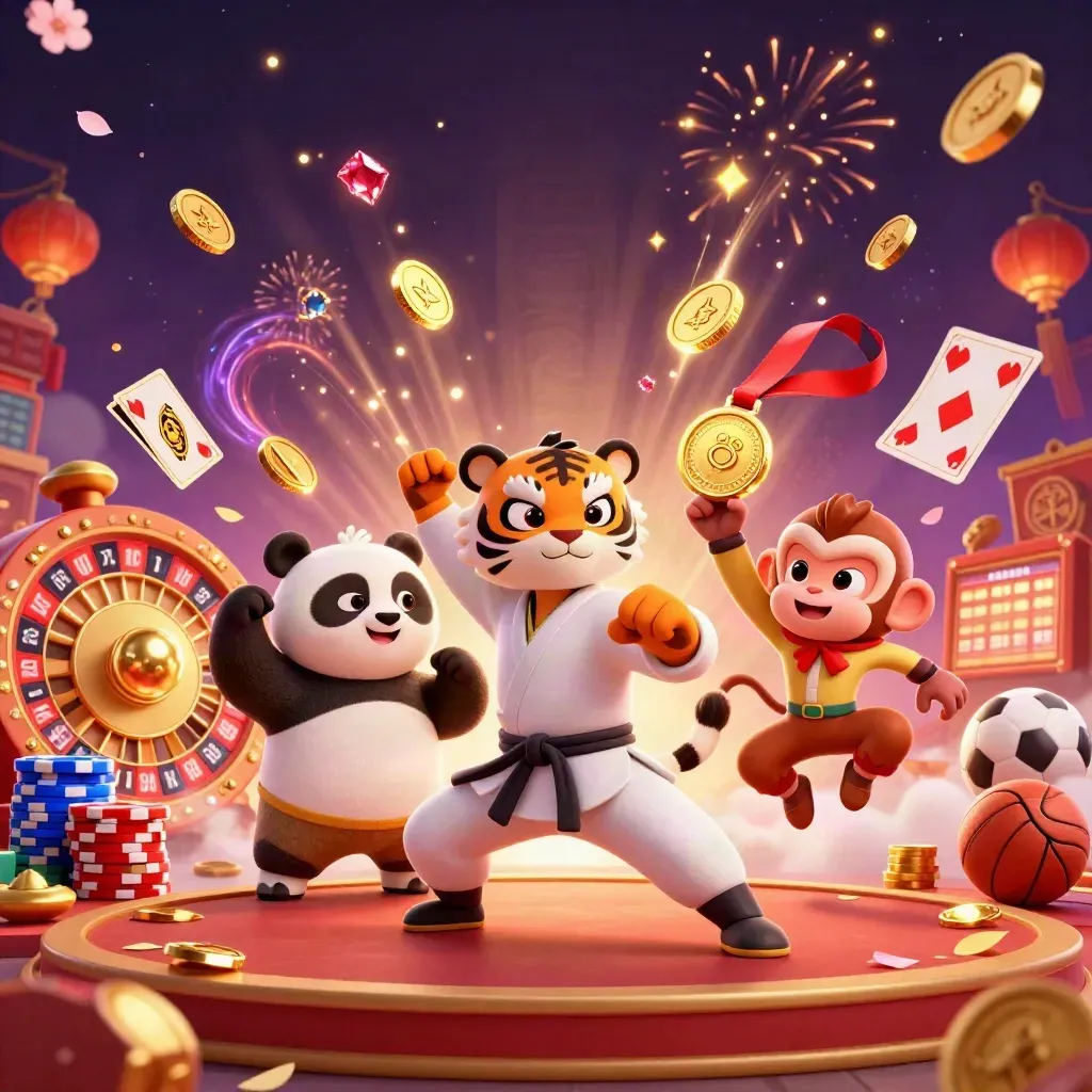 Kung-fu tiger, panda, and monkey amid coins, roulette wheel, and fireworks in luxe casino gold