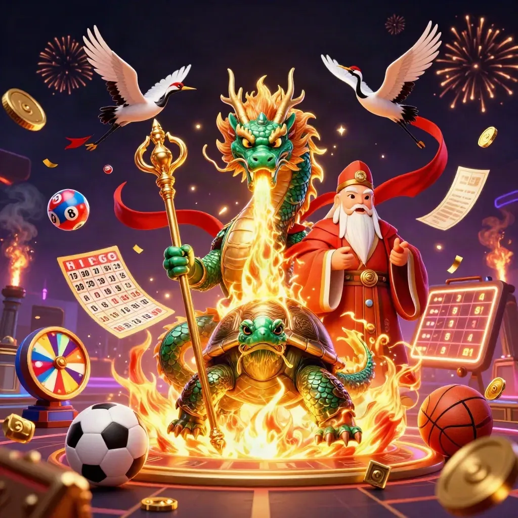 Emerald dragon, turtle sage, and cranes amid exploding casino jackpots and neon fire.