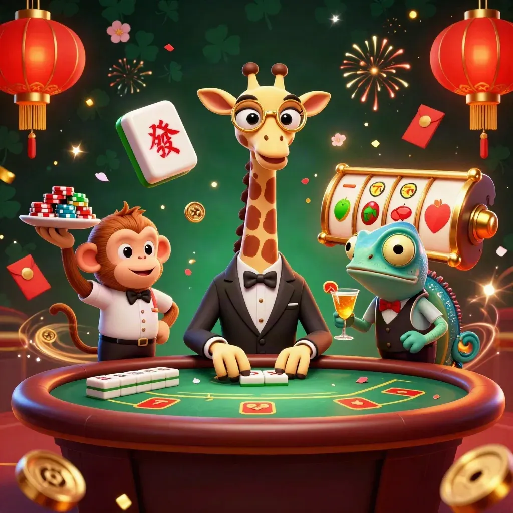Giraffe, monkey, and chameleon in a luxe casino scene with chips, lanterns, coins, and fireworks.