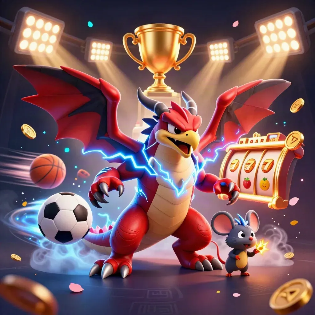 Thunder dragon, hawk, and mouse amid casino symbols, coins, and glowing lights.