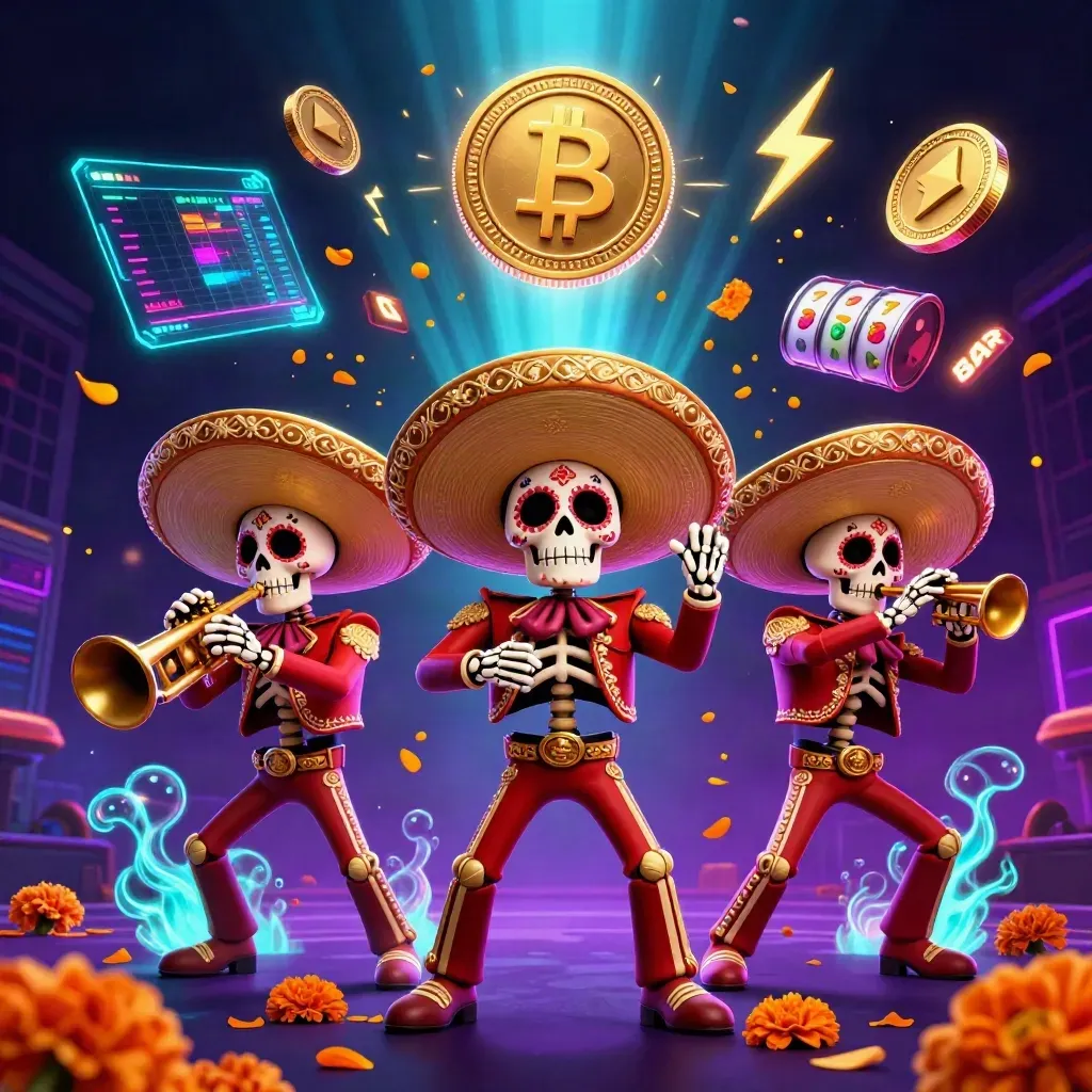 Skeleton mariachi trio with casino coins, slot reels, and neon jackpot energy