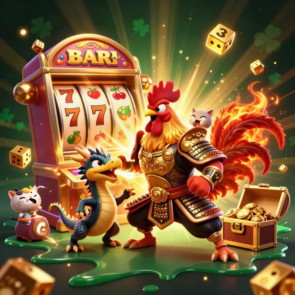 Rooster warrior, dragon hatchling, and fortune-cat amid jackpot reels, dice, and gold on dark emerald.