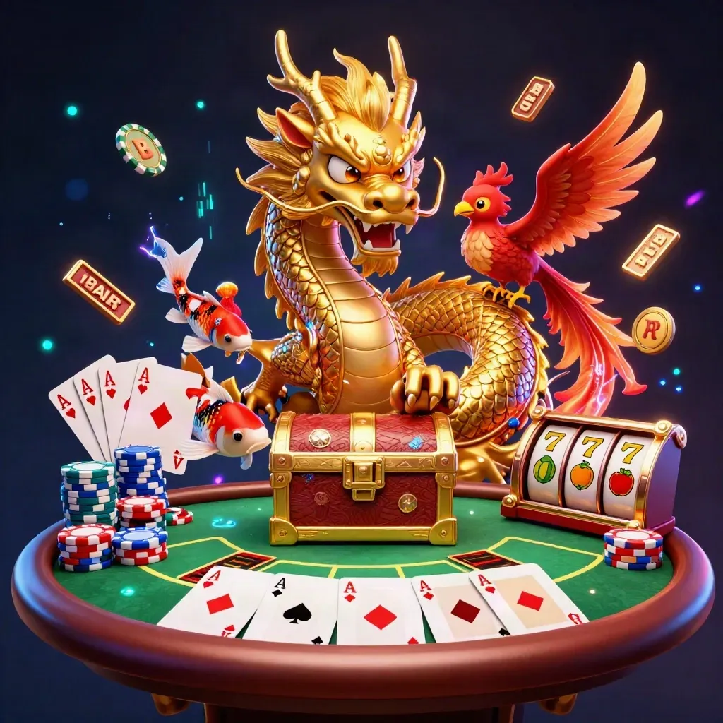 Golden dragon and phoenix over casino chips, cards, reels, and lightning on a dark luxe background.