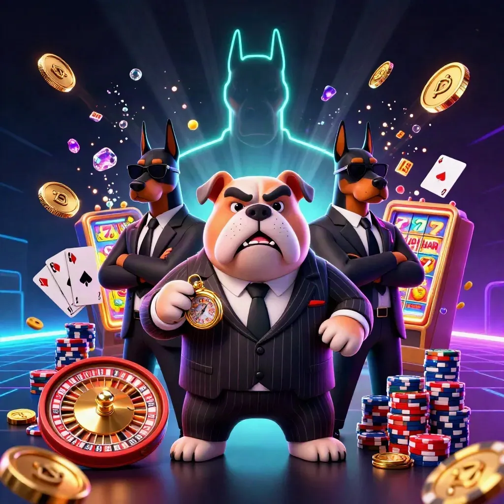 Bulldog mob boss with two bodyguards amid roulette, chips, coins and neon casino effects.