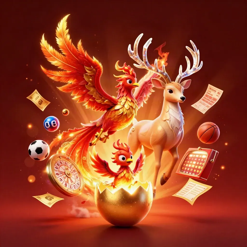Fire phoenix, baby phoenix, and crystal-antler stag surrounded by casino jackpot symbols on a crimson gold background.