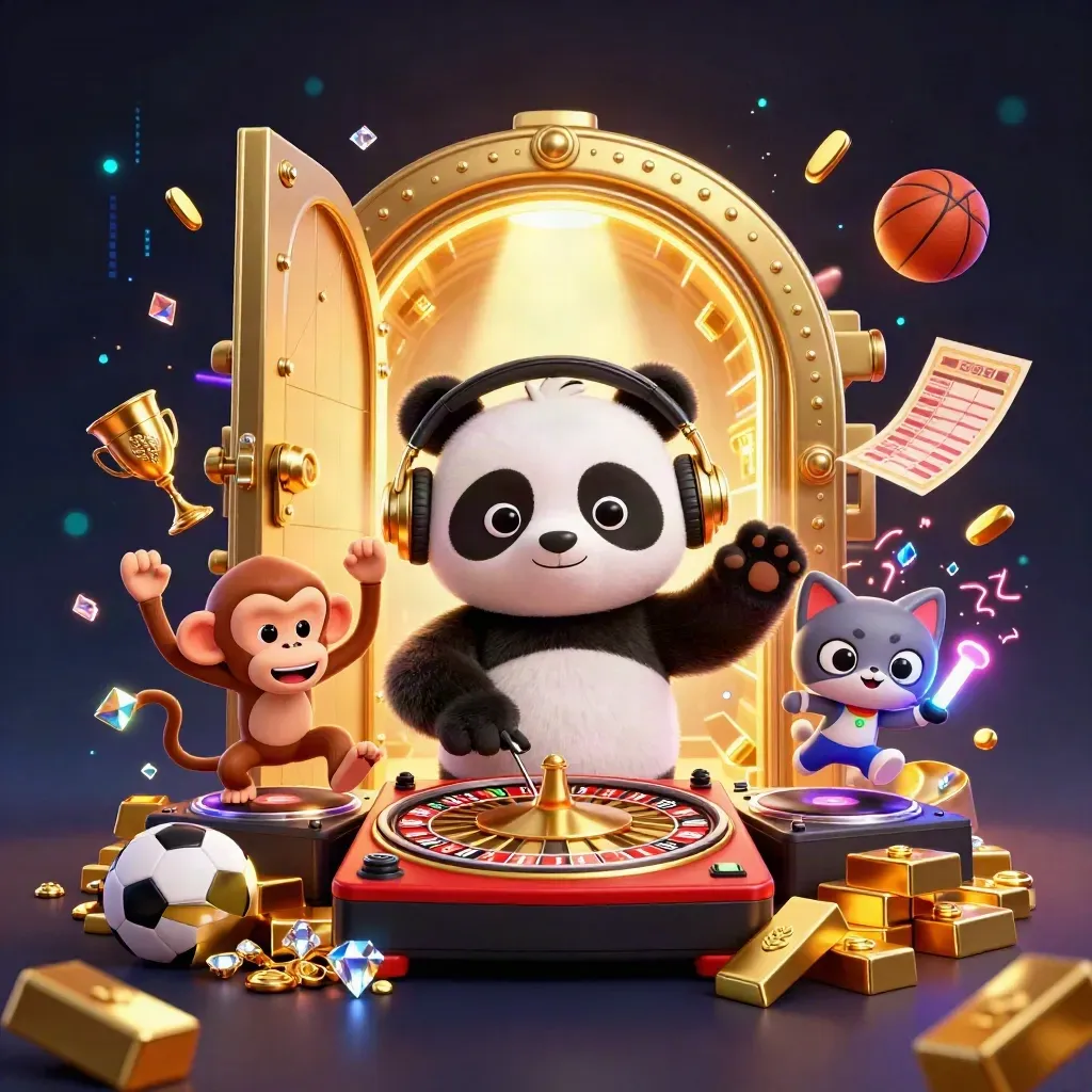 DJ panda, dancing monkey, and glow-stick kitten amid vault gold and casino lights.