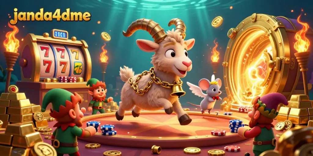 Gambarkan suasana kasino judi janda4dme dengan Krampus dan elfin mencuri chip poker.