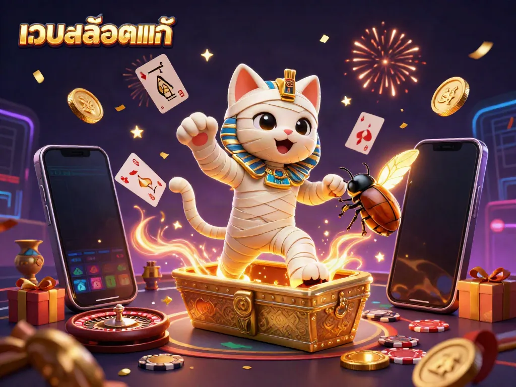 Experience the excitement of เว็บสล็อตแท้ through a vibrant 3D illustration featuring mummy cats and casino elements.