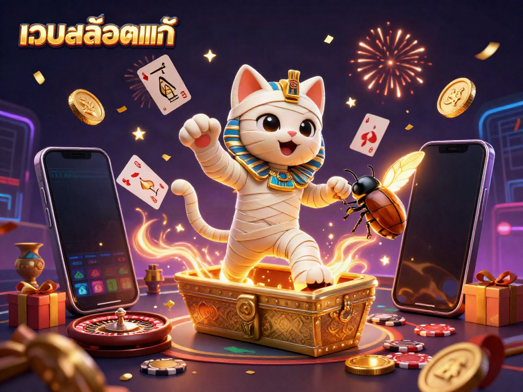 Experience the excitement of เว็บสล็อตแท้ through a vibrant 3D illustration featuring mummy cats and casino elements.
