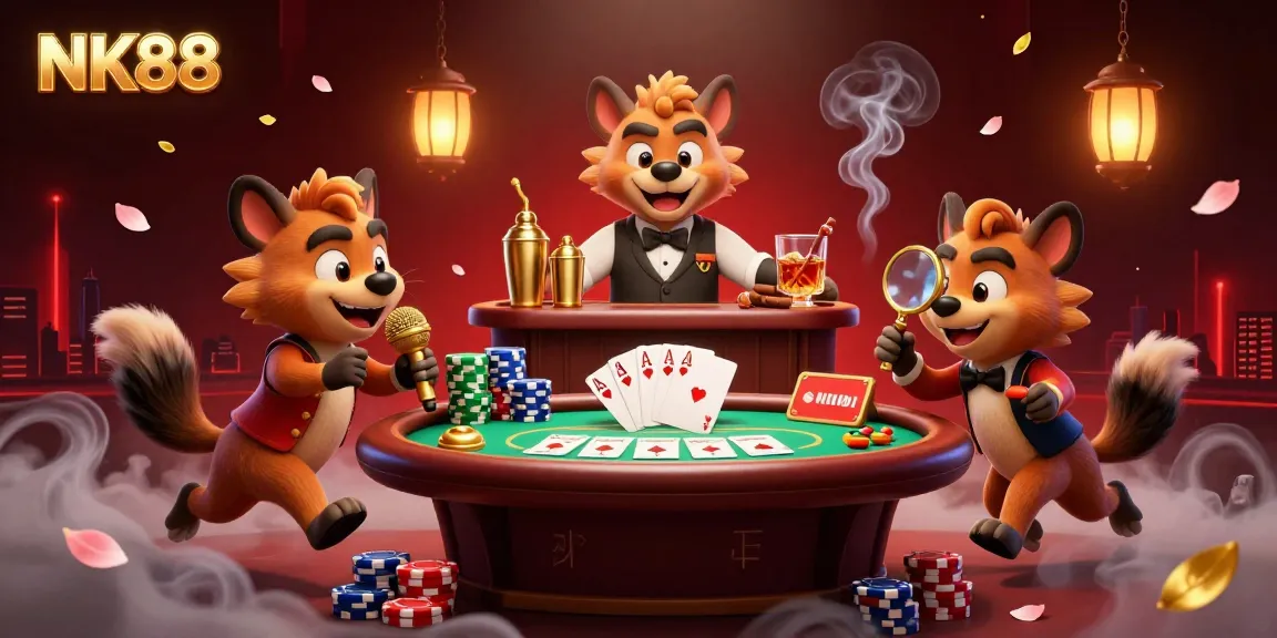 Experience the vibrant comedy atmosphere at NK88's all-in casino, with hyena characters mixed drinks and jokes.
